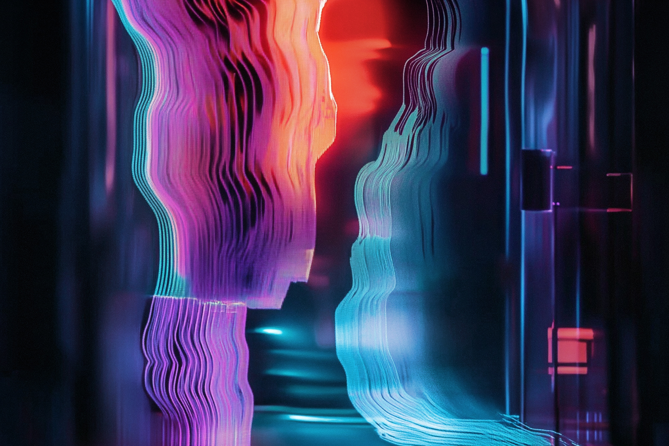 Abstrakte Darstellung zweier digitaler Gesichter mit verzerrten Linien und Neonfarben, die Kommunikation und Fragmentierung symbolisieren