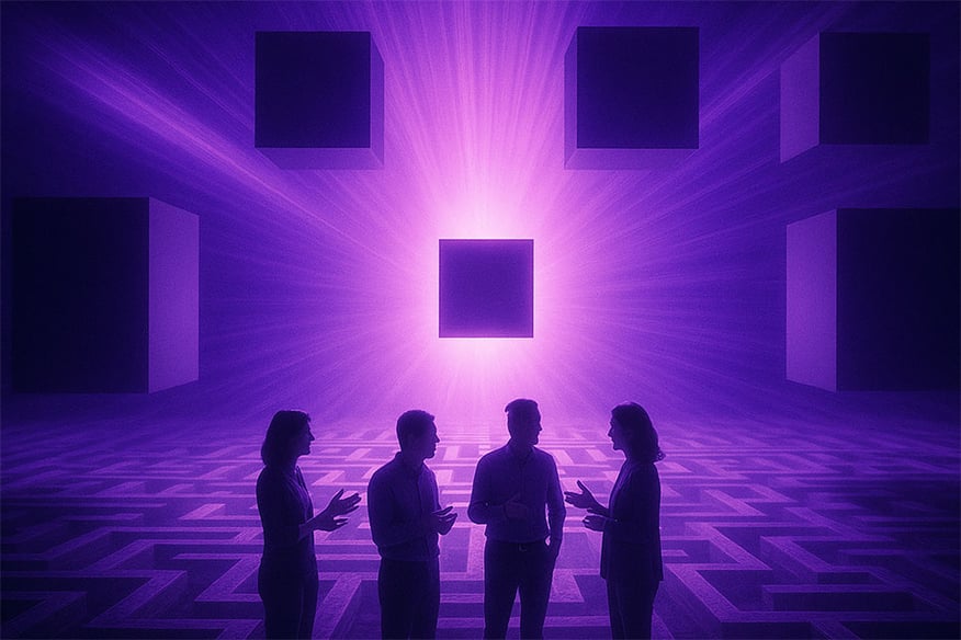 Vier silhouettierte Personen stehen diskutierend auf einem futuristischen, labyrinthartigen Boden. Im Hintergrund strahlt ein leuchtender Würfel intensives violettes Licht aus. Mehrere schwebende schwarze Würfel umgeben die Lichtquelle und schaffen eine surreale, technologisch anmutende Atmosphäre. 