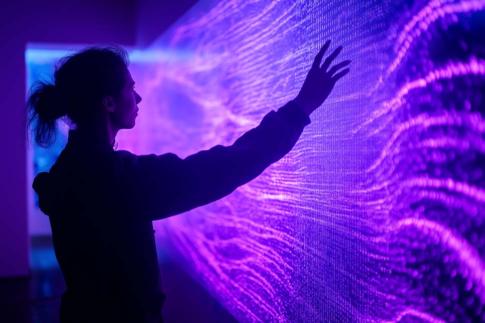 Frau berührt eine helle, interaktive Wand mit violettem Lichtmuster in einem dunklen Raum.