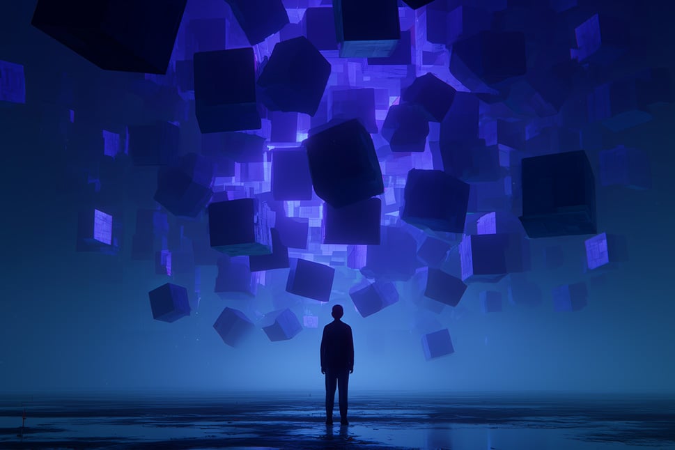 Silhouette einer Person, die vor schwebenden, leuchtenden 3D-Würfeln in violett-blauer Farbwelt steht.