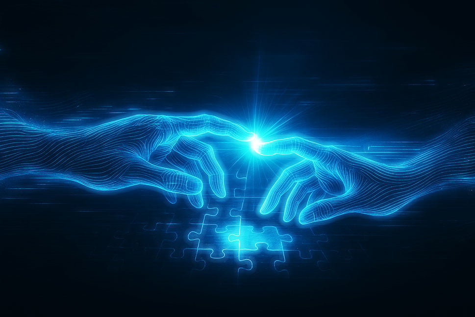 Zwei leuchtende digitale Hände, die sich über einem Puzzle mit den Fingerspitzen berühren – Symbol für die Verbindung zwischen Mensch und KI sowie technologische Synergie.