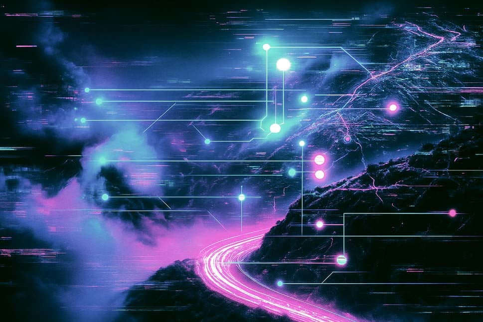 Futuristische Berglandschaft mit neonfarbenen Lichtlinien und leuchtenden Punkten, die digitale Netzwerke symbolisieren.