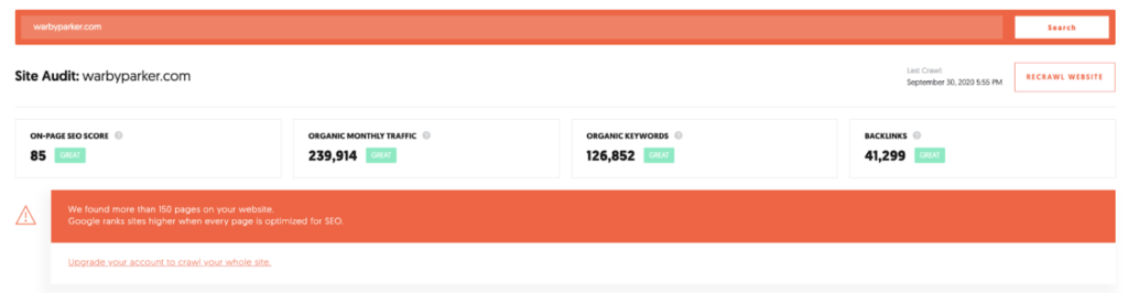 Site audit Ubersuggest warbyparker.com, Crispy Content®