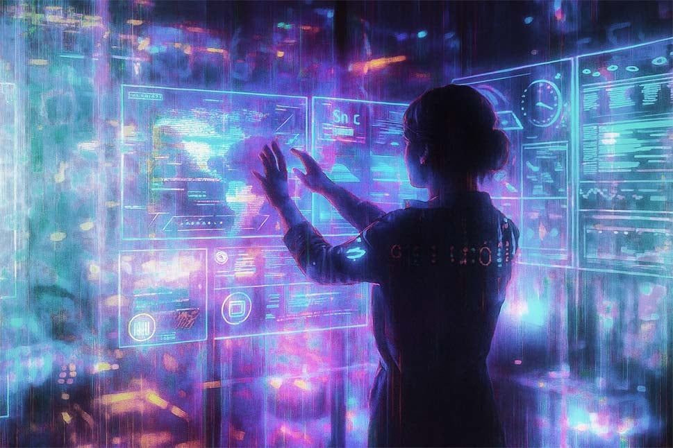 Frau interagiert mit einer futuristischen, holografischen Benutzeroberfläche in leuchtenden Neonfarben.