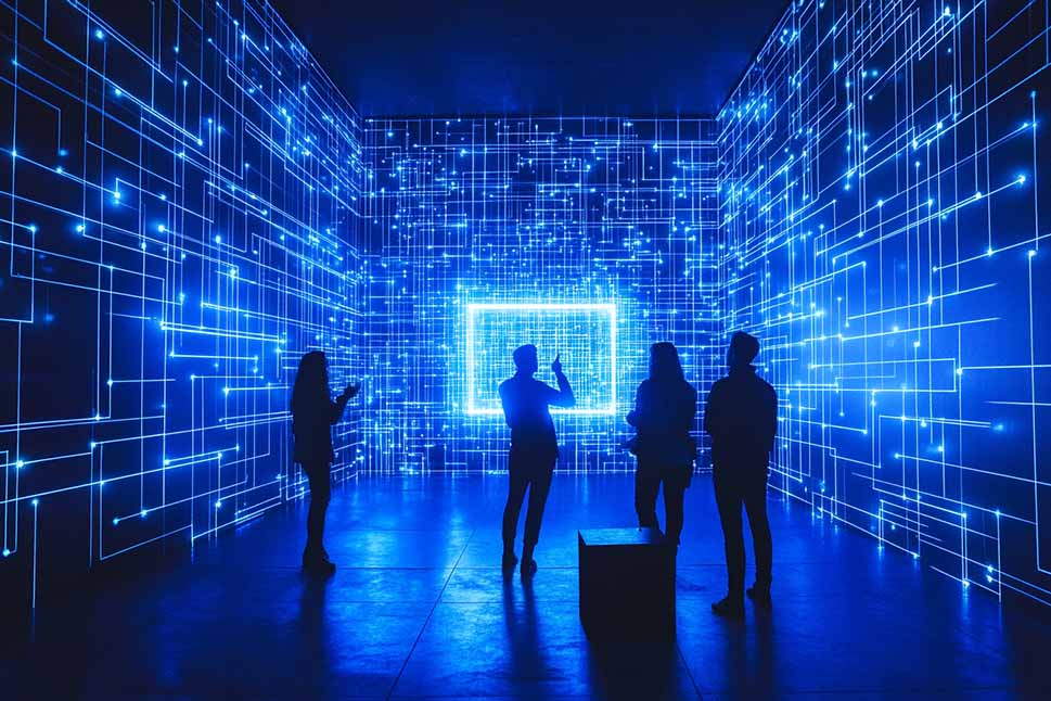 Four people stand in a dark room illuminated by glowing blue digital lines and nodes on the walls, resembling a futuristic, virtual environment or data visualization.