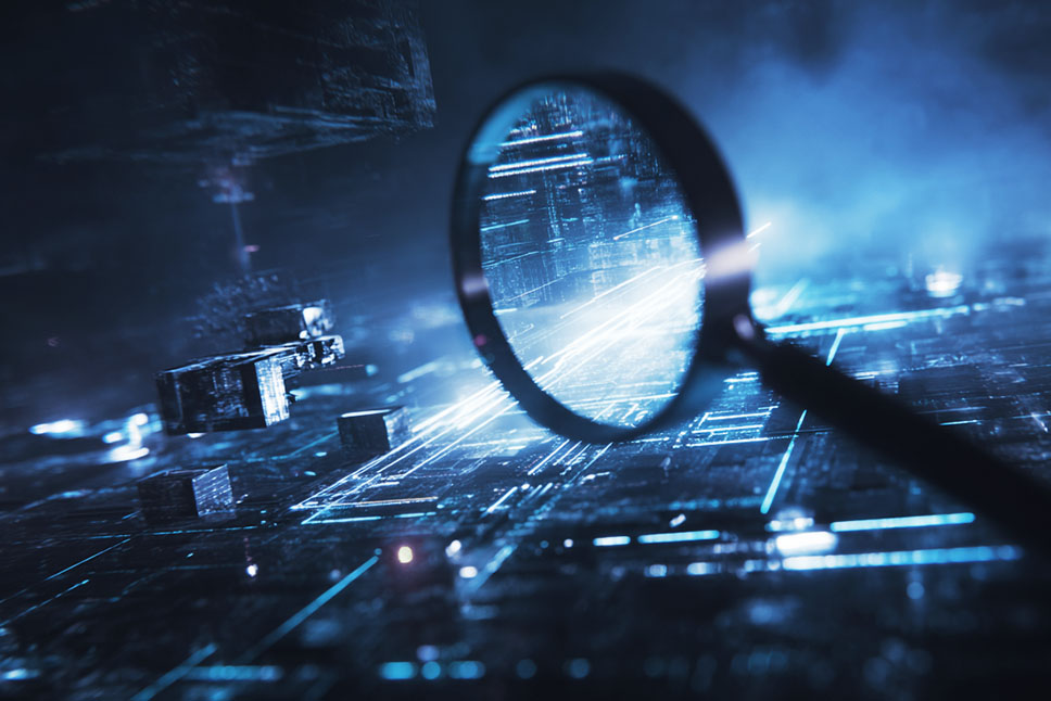 Lupe über einer abstrakten digitalen Datenstruktur in einer futuristischen, blau beleuchteten Umgebung.