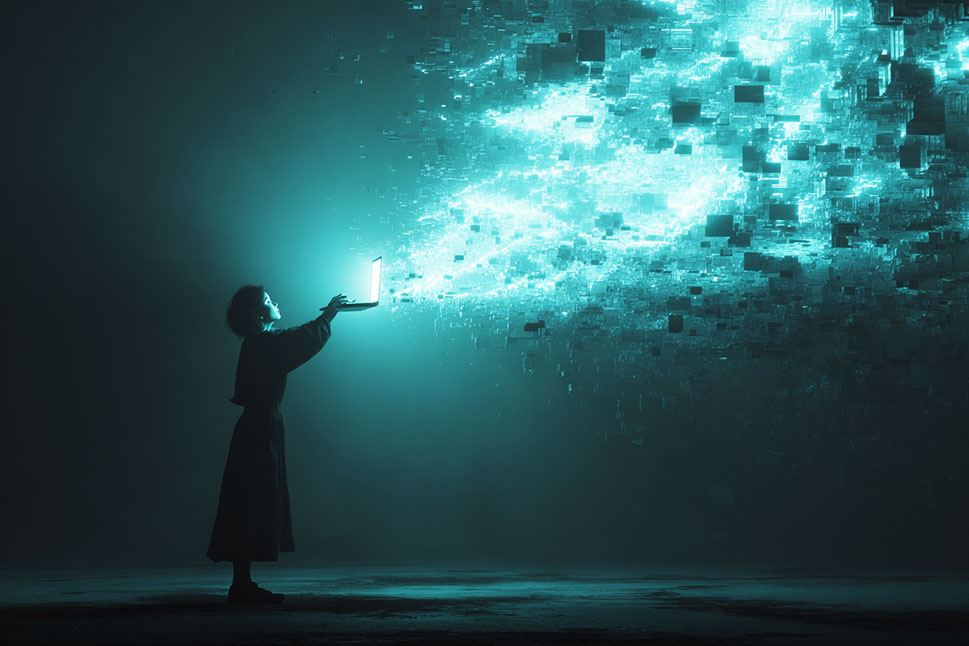 A person holds a glowing laptop, from which countless light particles and data streams flow into the space.