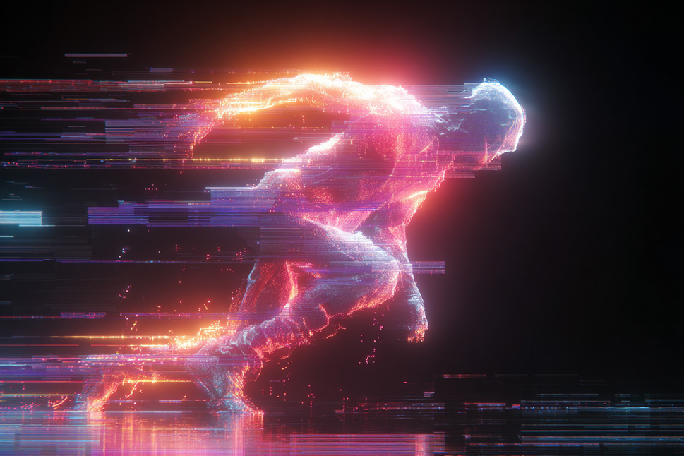 Digitale Figur in Neonfarben, die in dynamischer Pose nach vorne sprintet, dargestellt mit leuchtenden Pixeln auf dunklem Hintergrund.