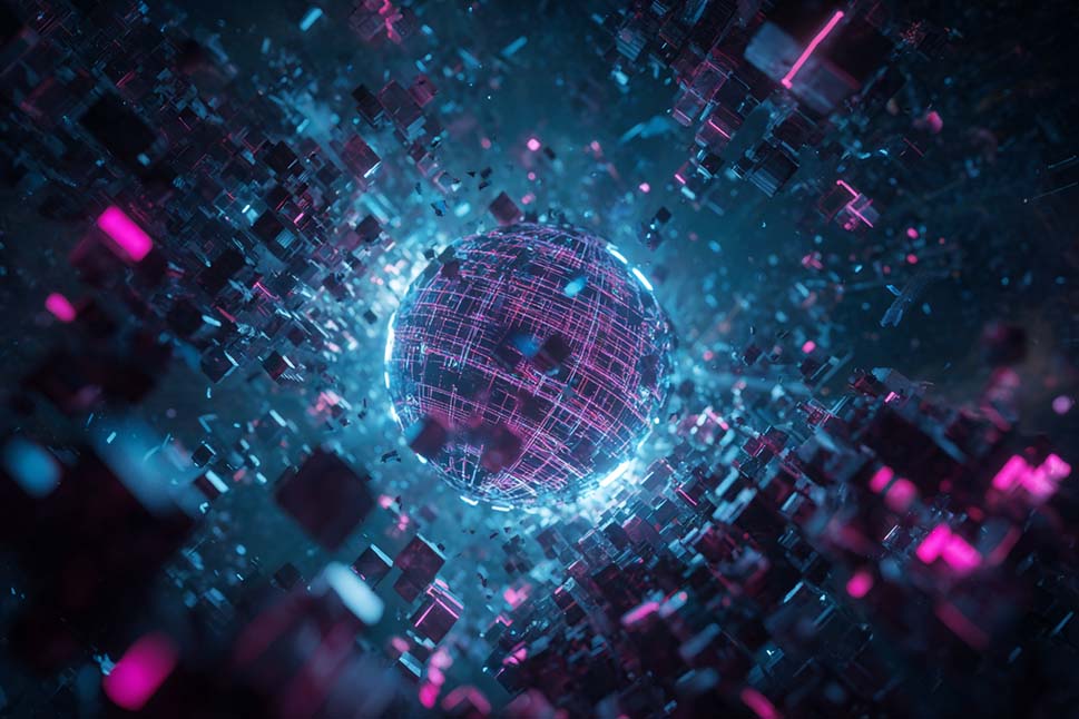 Futuristic glowing data sphere surrounded by floating blue and magenta cubes.