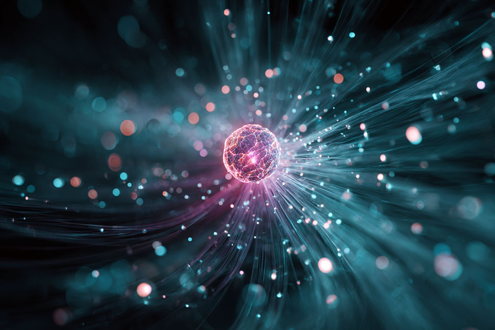 Leuchtende digitale Kugel mit blauen und pinken Lichtstrahlen.