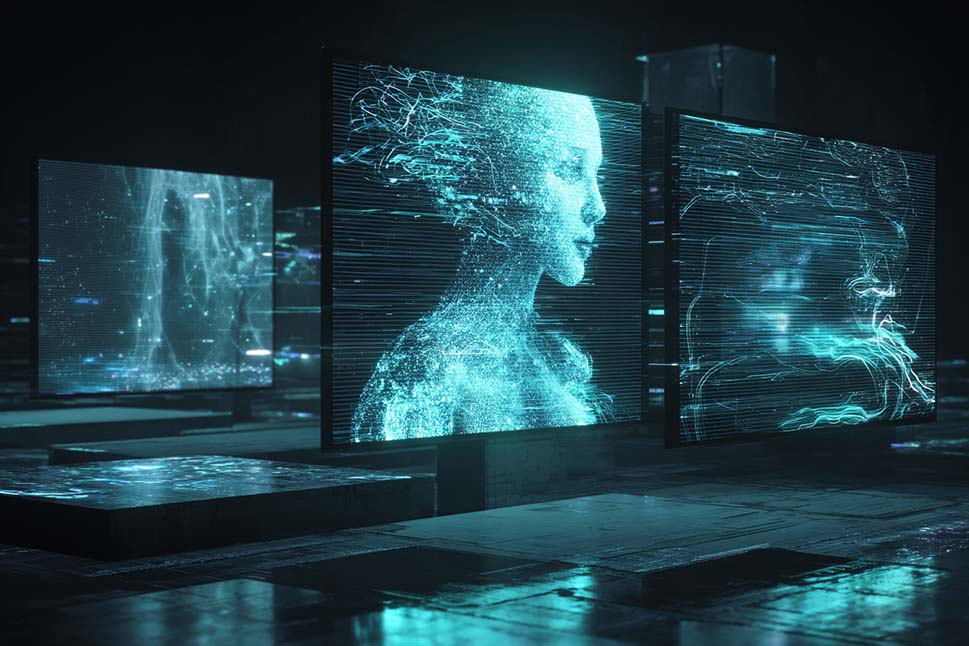 Eine futuristische digitale Szene mit drei holografischen Bildschirmen, die leuchtende, abstrakte Darstellungen eines menschlichen Gesichts und neuronaler Netzwerke zeigen.