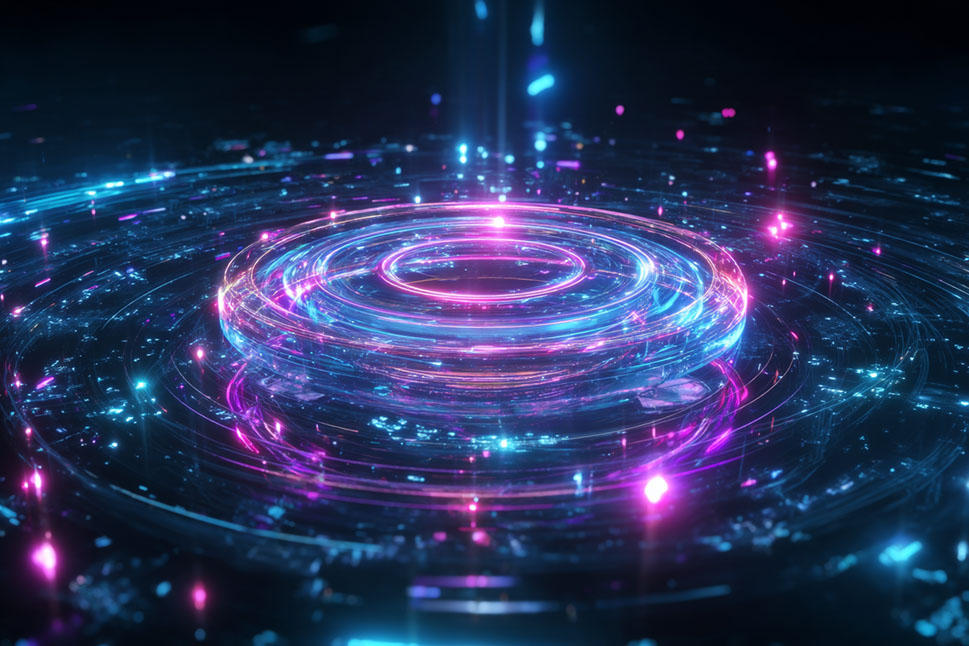 Futuristischer holografischer Ring in Blau und Pink.