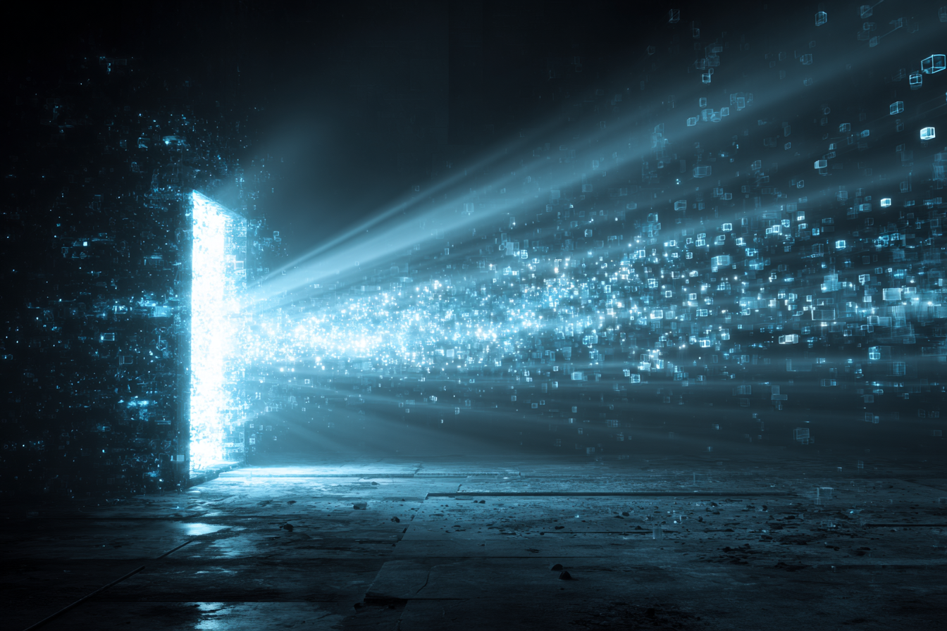 Ein leuchtend blaues Portal sendet digitale Lichtpartikel in einen dunklen, futuristischen Raum.