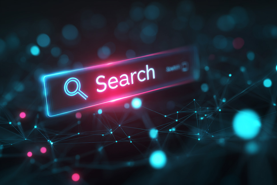 Neonleuchtende digitale Suchleiste auf dunklem Hintergrund, symbolisiert moderne Suchtechnologie.