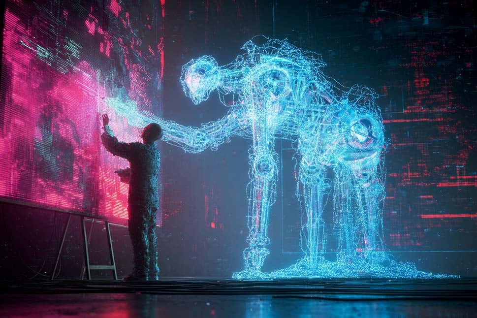 Mensch interagiert mit großem, blauem Hologramm-Roboter vor digitaler Wand – Symbol für Zusammenarbeit von Mensch und KI.