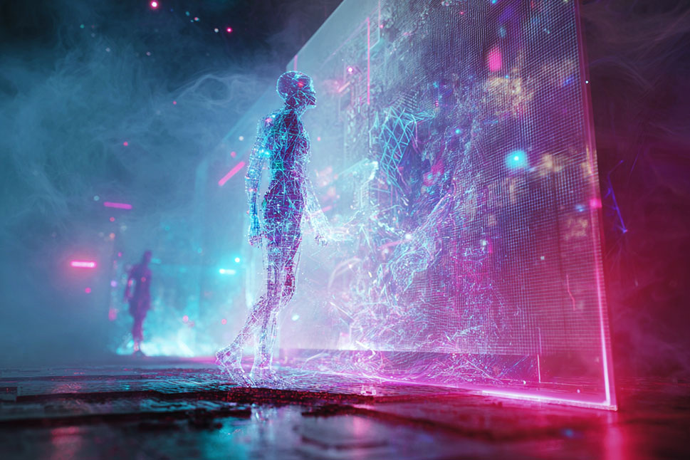 Eine leuchtende digitale Silhouette aus blauen und pinken Partikeln geht durch einen neonbeleuchteten Bildschirm in einer Cyberpunk-Umgebung.