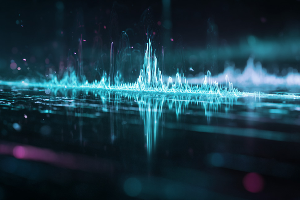 Abstrakte Visualisierung einer futuristischen Klang- oder Energiewelle in leuchtendem Cyan auf dunklem Hintergrund, mit Lichtreflexionen und glühenden Partikeln.