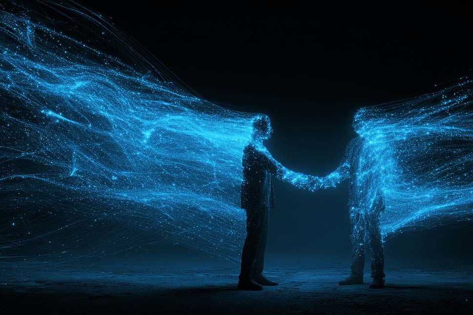 Futuristic visualization of two digital figures shaking hands, surrounded by flowing blue data streams symbolizing connection and communication.
