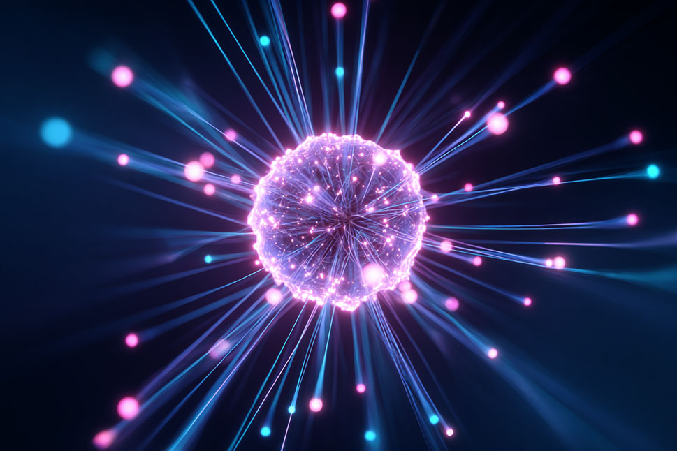 Leuchtende, kugelförmige Netzwerkstruktur mit ausstrahlenden Lichtlinien und verbundenen Datenpunkten vor dunklem Hintergrund