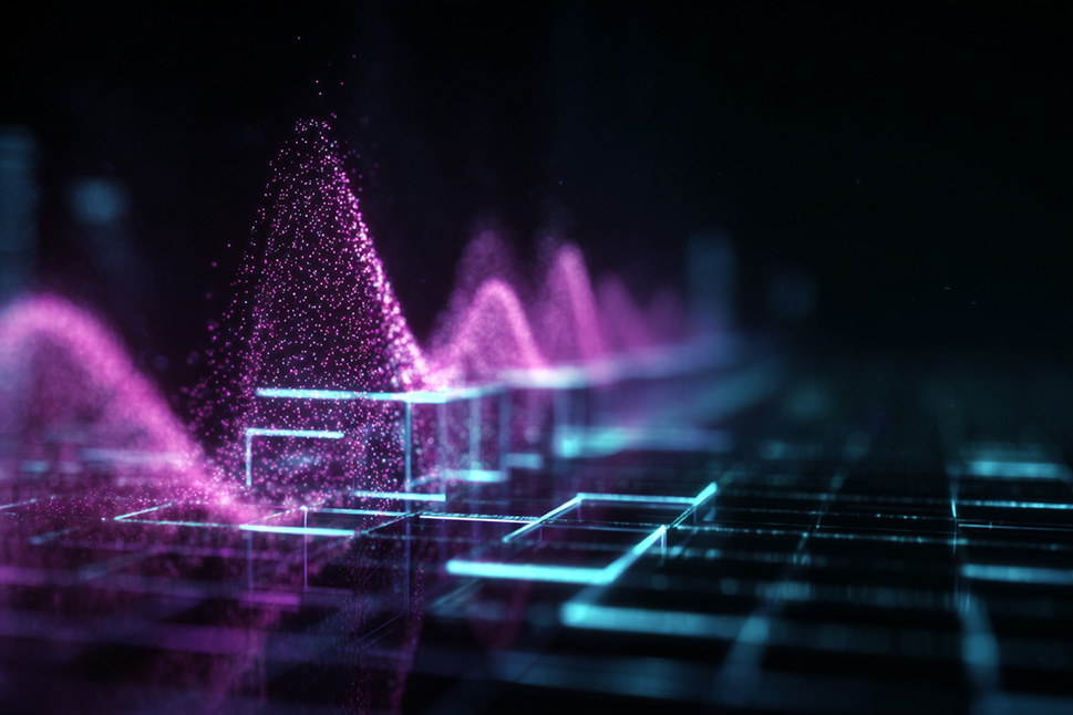 Magentafarbene Partikelwellen über einem leuchtenden, neonblauen Grid vor dunklem Hintergrund.