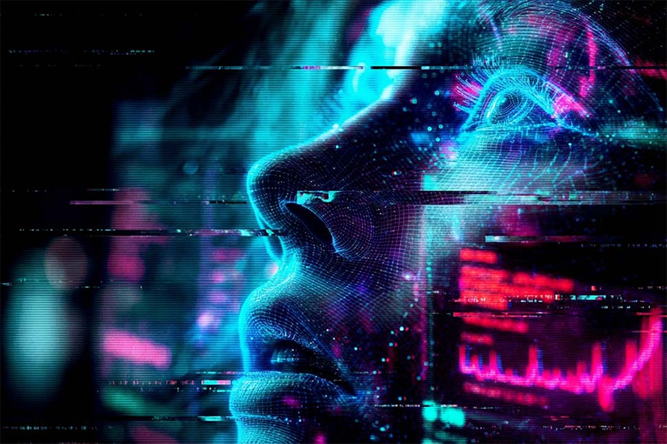 Digitale Illustration eines menschlichen Gesichts aus Datenpunkten und Linien, umgeben von neonfarbenen Visualisierungen und Datengrafiken.