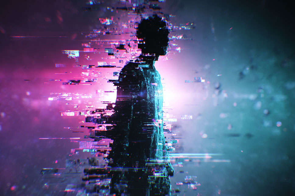 Eine leuchtende menschliche Silhouette, die sich aus schwebenden digitalen Partikeln in einem neonfarbenen, futuristischen Raum formt.