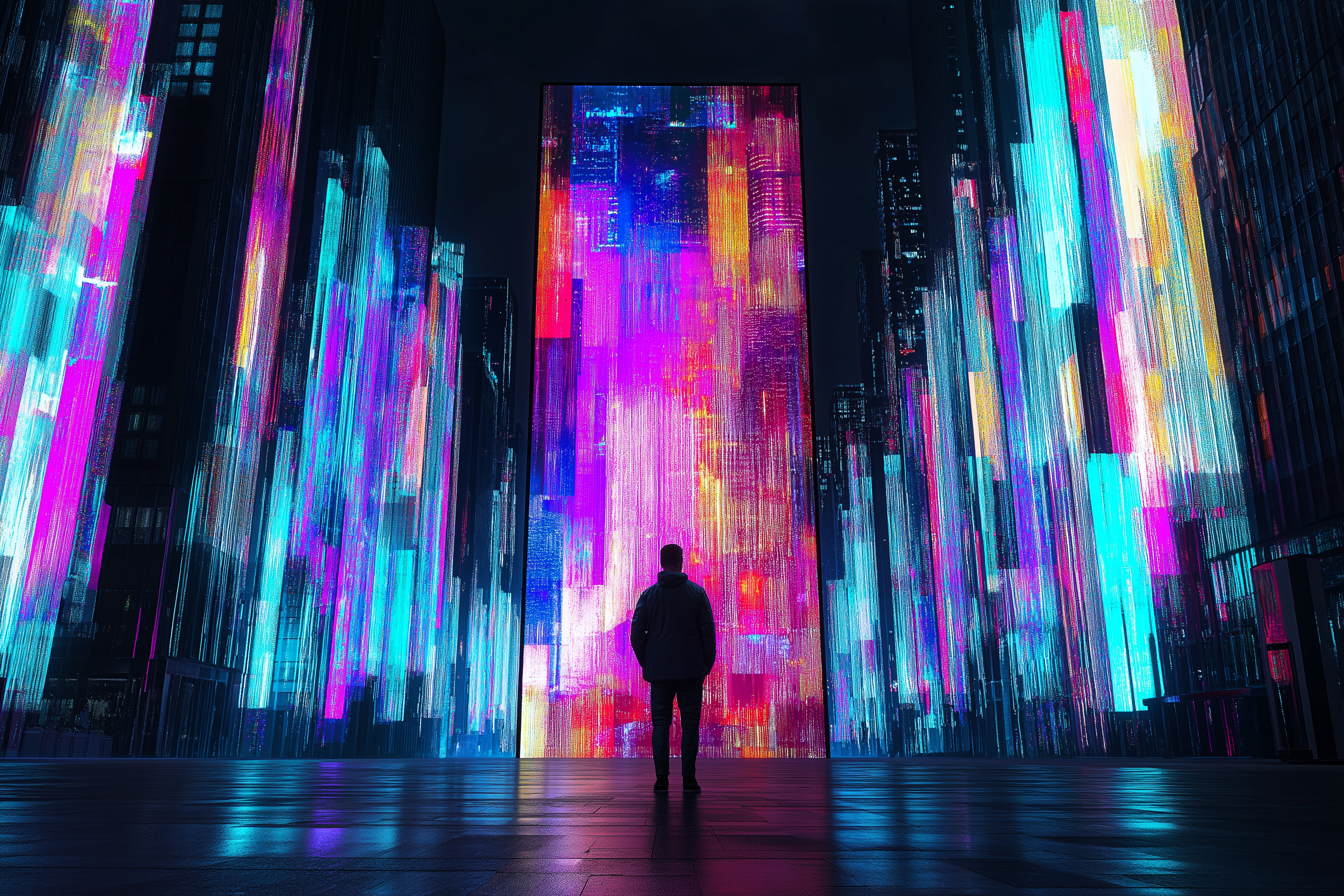 Person in front of glowing digital cityscape