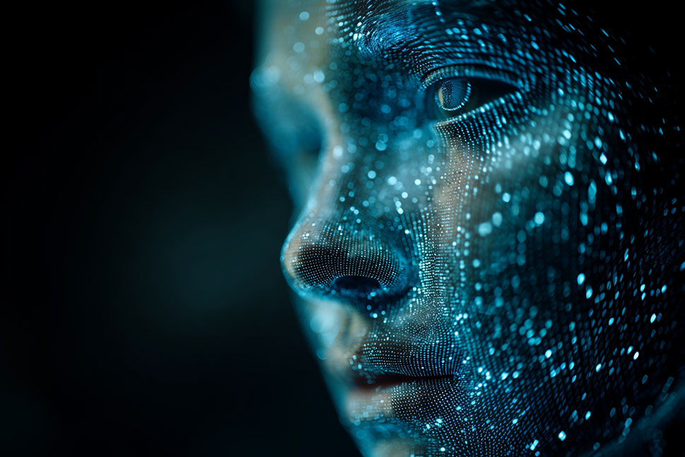 Close-up of a digital, human-like face made of glowing blue data points, symbolizing artificial intelligence and advanced technology.