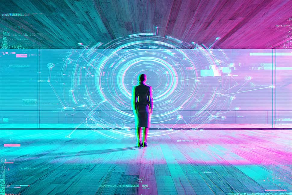 Silhouette einer Businessperson vor futuristischem, holografischem Datenportal in Neonfarben.