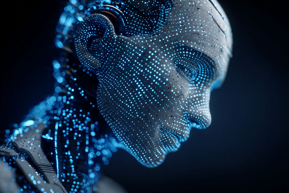 Futuristic robot with a blue glowing digital pattern.