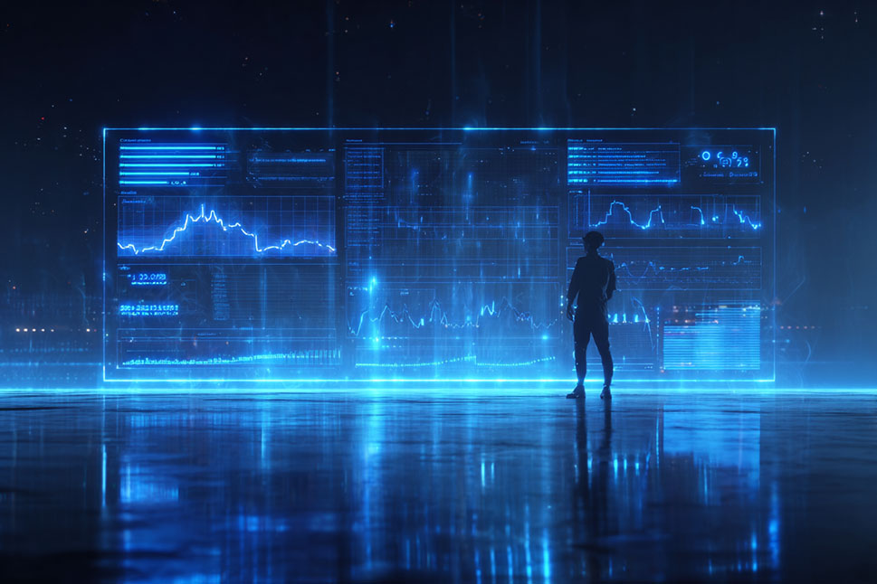 Silhouette of a person standing in front of a large, futuristic, blue-glowing data display filled with charts and visualizations in a dark, high-tech environment.