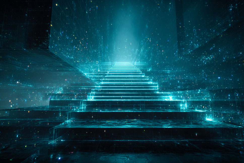 Futuristische Treppe aus leuchtenden, holografischen Stufen, umgeben von schwebenden Lichtpunkten in einer digitalen, surrealen Atmosphäre.