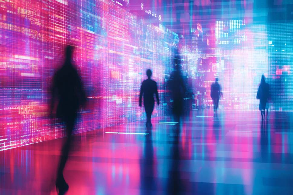 Verschwommene Silhouetten von Menschen, die vor einer leuchtenden digitalen Wand in Pink- und Blautönen entlanggehen.