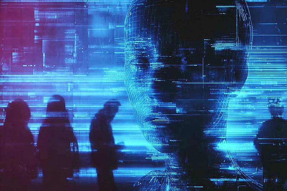 Digitales, abstraktes Gesicht aus Datenströmen mit unscharfen menschlichen Silhouetten im Hintergrund.