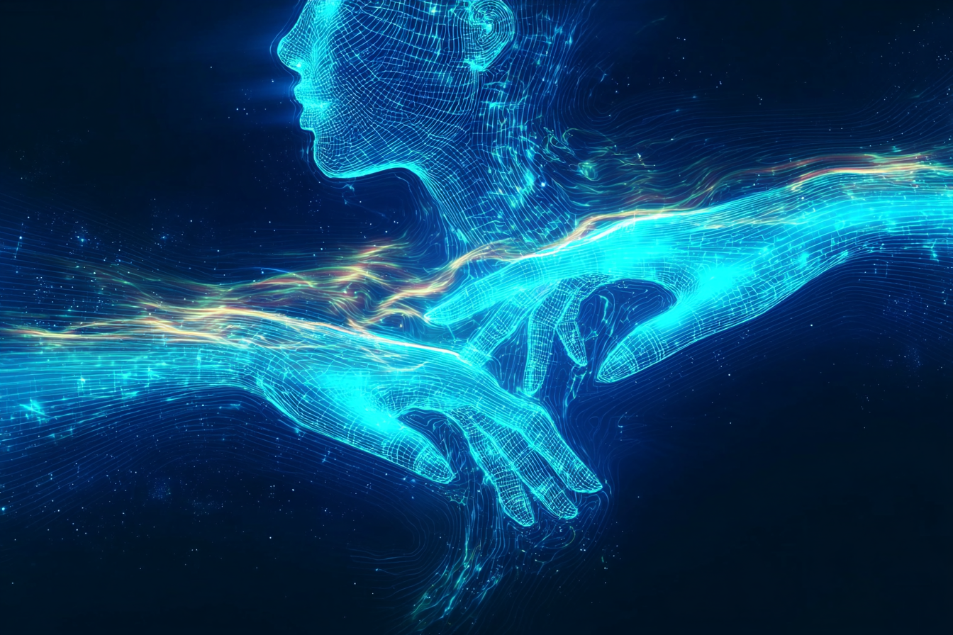 Abstract glowing blue depiction of a digital human profile with outstretched hands, interwoven with data lines and energy streams against a dark background—symbolizing artificial intelligence and connectivity.