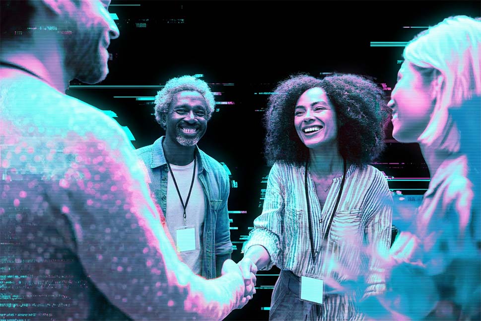 Vier diverse Geschäftsleute begrüßen sich lächelnd per Handschlag bei einem Networking-Event, dargestellt in einem futuristischen, digitalen Glitch-Stil.