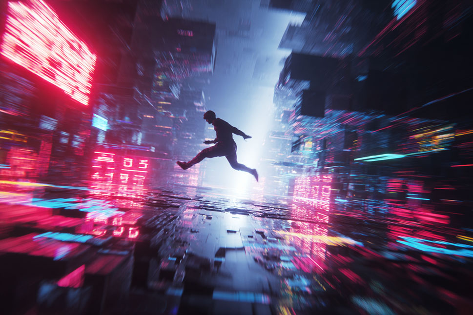 A silhouette of a person mid-jump through a futuristic, neon-lit digital cityscape, surrounded by glowing red, pink, and blue lights with a motion blur effect.