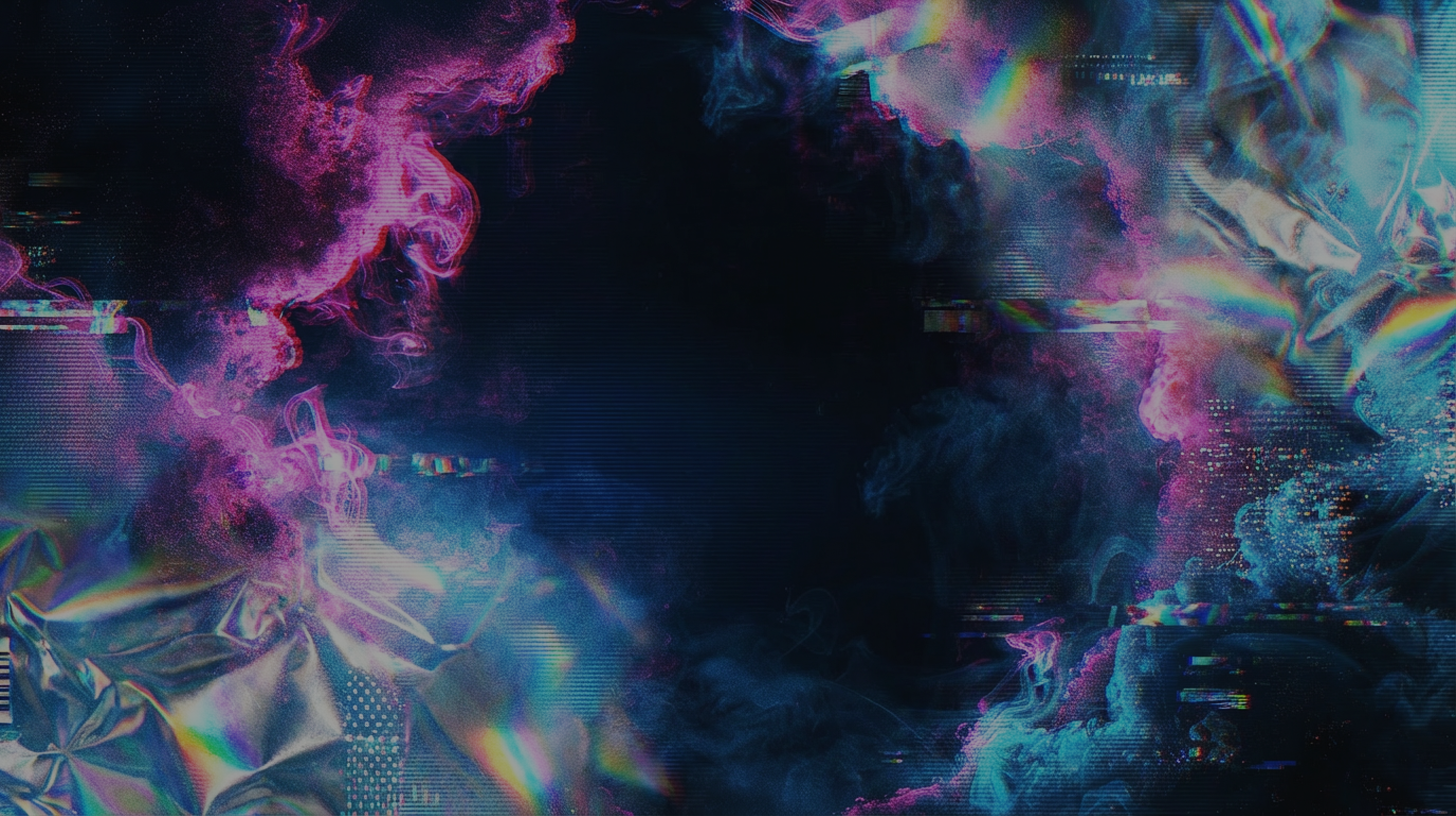 Banner featuring colorful, smoke-like forms in pink, blue, and purple, with glitch-style textures and a dark central area.