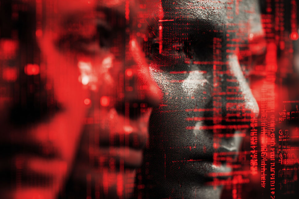 Abstract faces in red light with digital code overlay