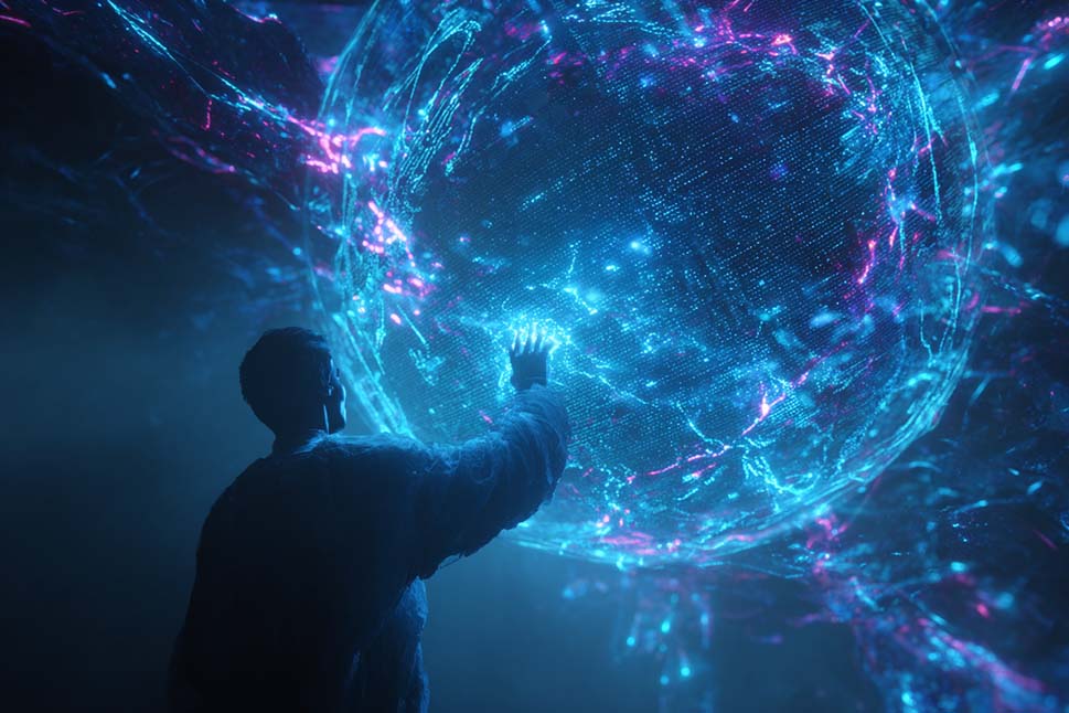 A person touches a large, glowing sphere of blue and purple energy lines in a futuristic setting.