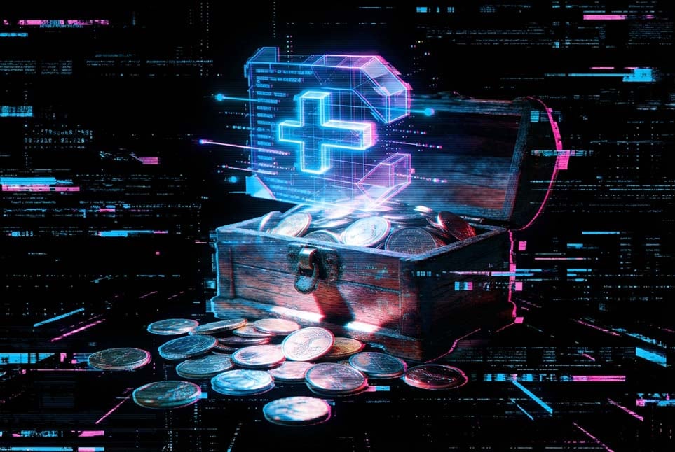 Geöffnete Schatztruhe mit Münzen und schwebendem, leuchtendem Kreuzsymbol vor digitalem Hintergrund.