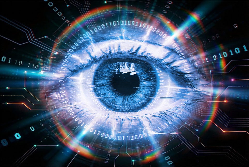Blue digital eye surrounded by binary code and glowing data streams symbolizing artificial intelligence and digital connectivity.