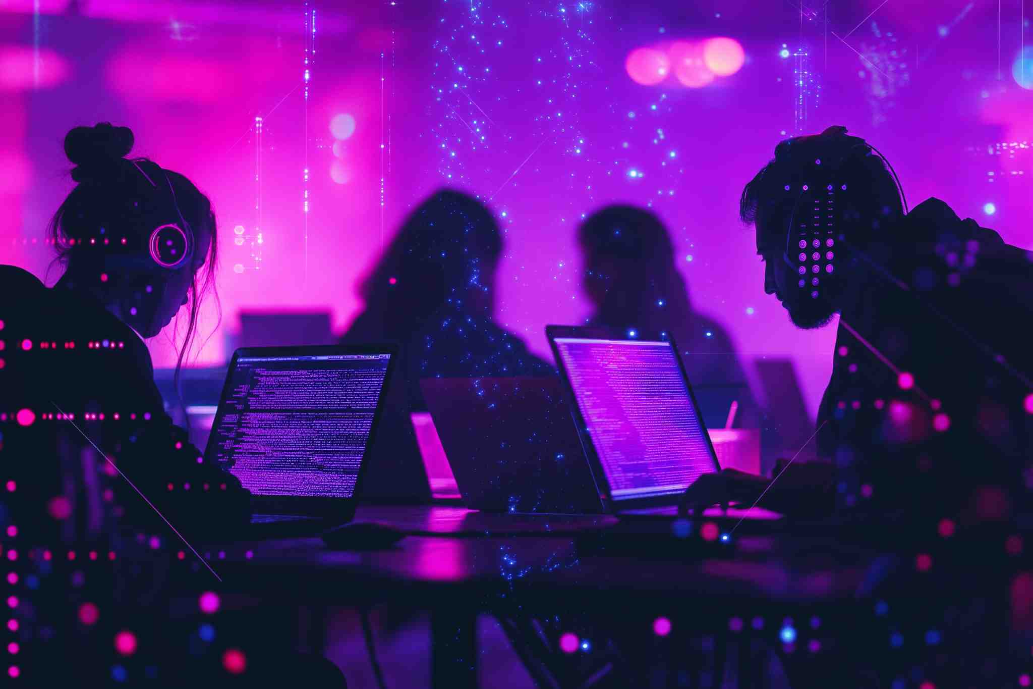 Menschen mit Laptops im Neonlicht und Code-Overlays
